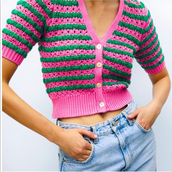 Zara Sweaters - Zara Pink and Green Crochet Cardigan